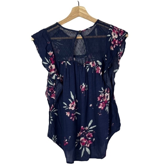 Rewind Navy Blue Floral Short Sleeve Ruffle Blouse XS - Picture 2 of 6